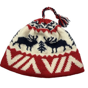 Vintage Turtle Fur Fair Isle Moose Print Knit Wool Ski Hat Red Ivory Lined USA